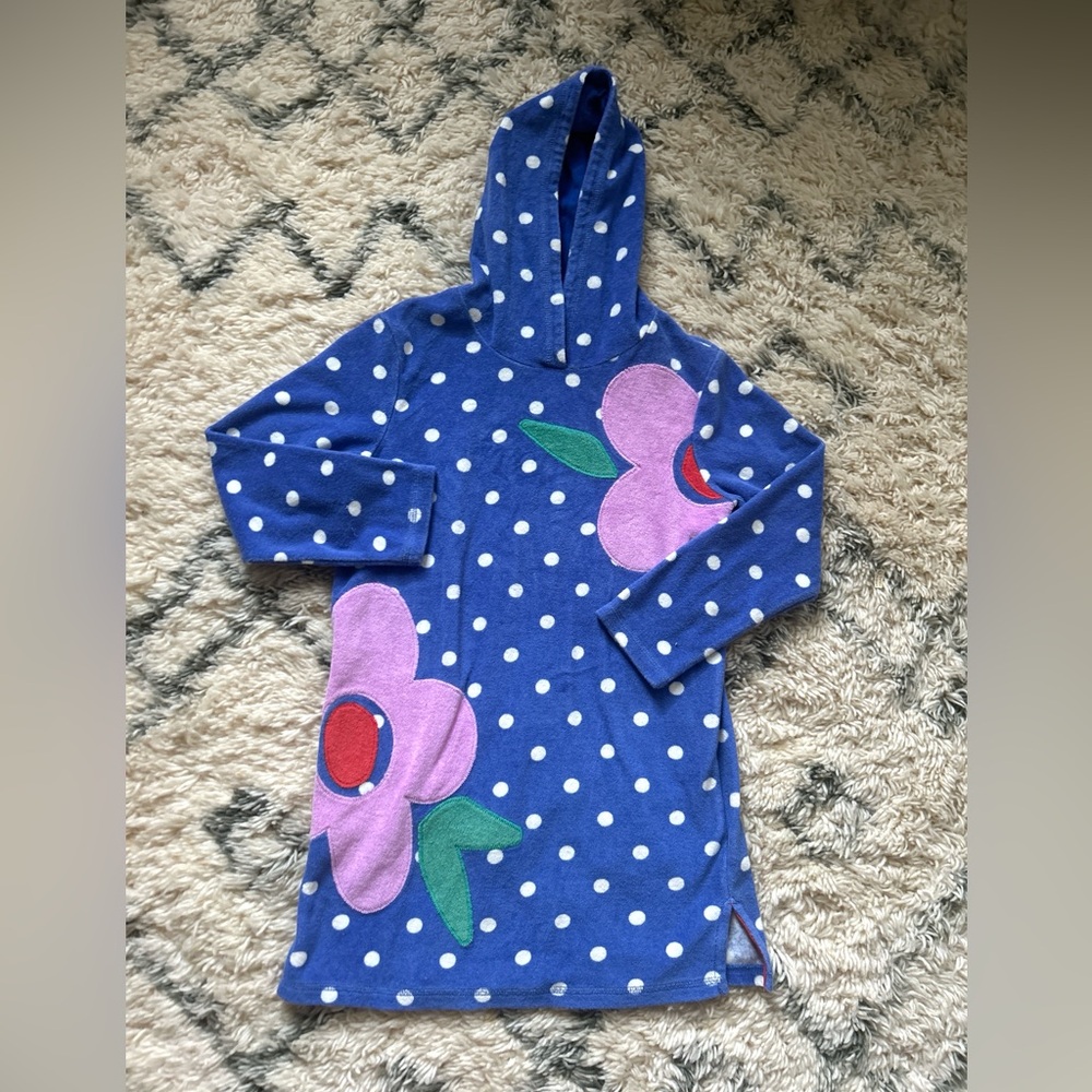 Mini Boden Polka Dot Blue Terry Towel Dress with Hood